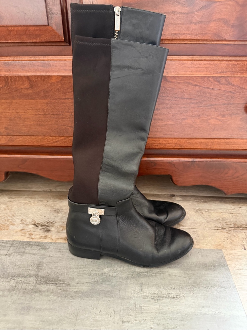 Michael Kors Black Leather & Stretch Riding Boots with Silver Charm